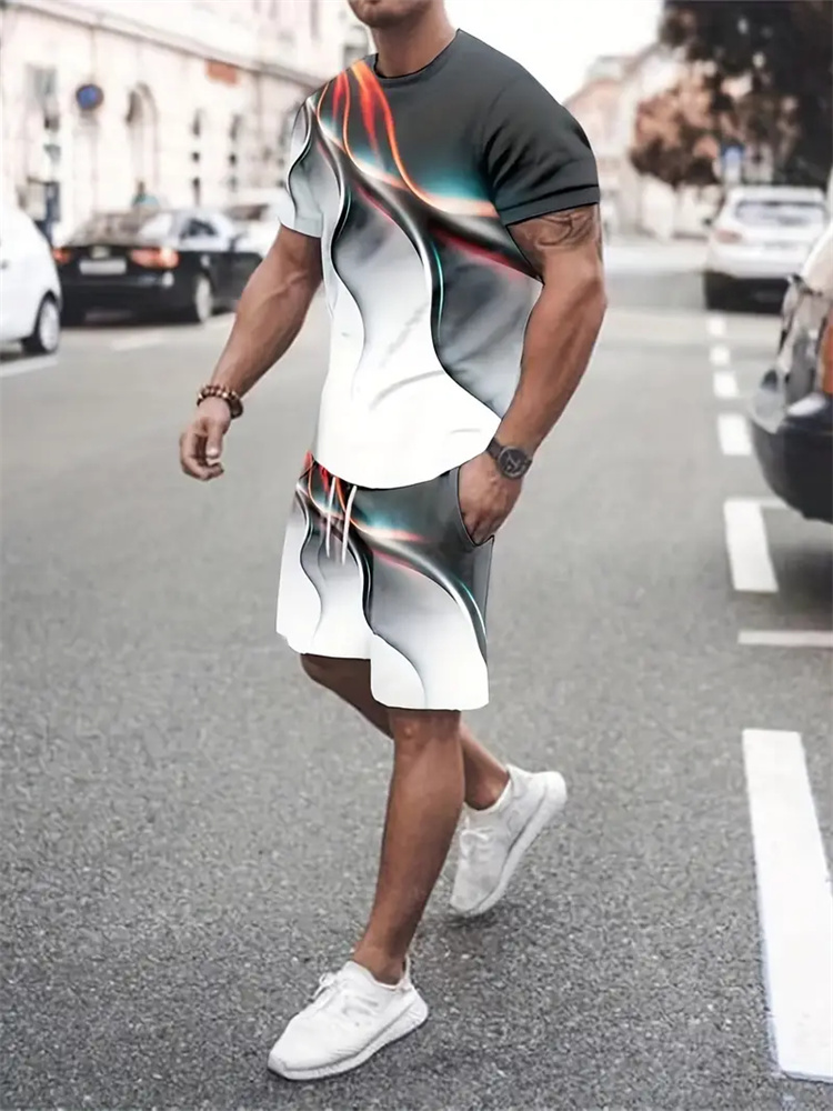 Summer Clothing Styles Men - เสื้อยืดลายไล่เฉดสีสำหรับผู้ชายและผู้หญิง ชุดสองชิ้น กางเกงขาสั้น พิมพ์ลาย 3 มิติ
