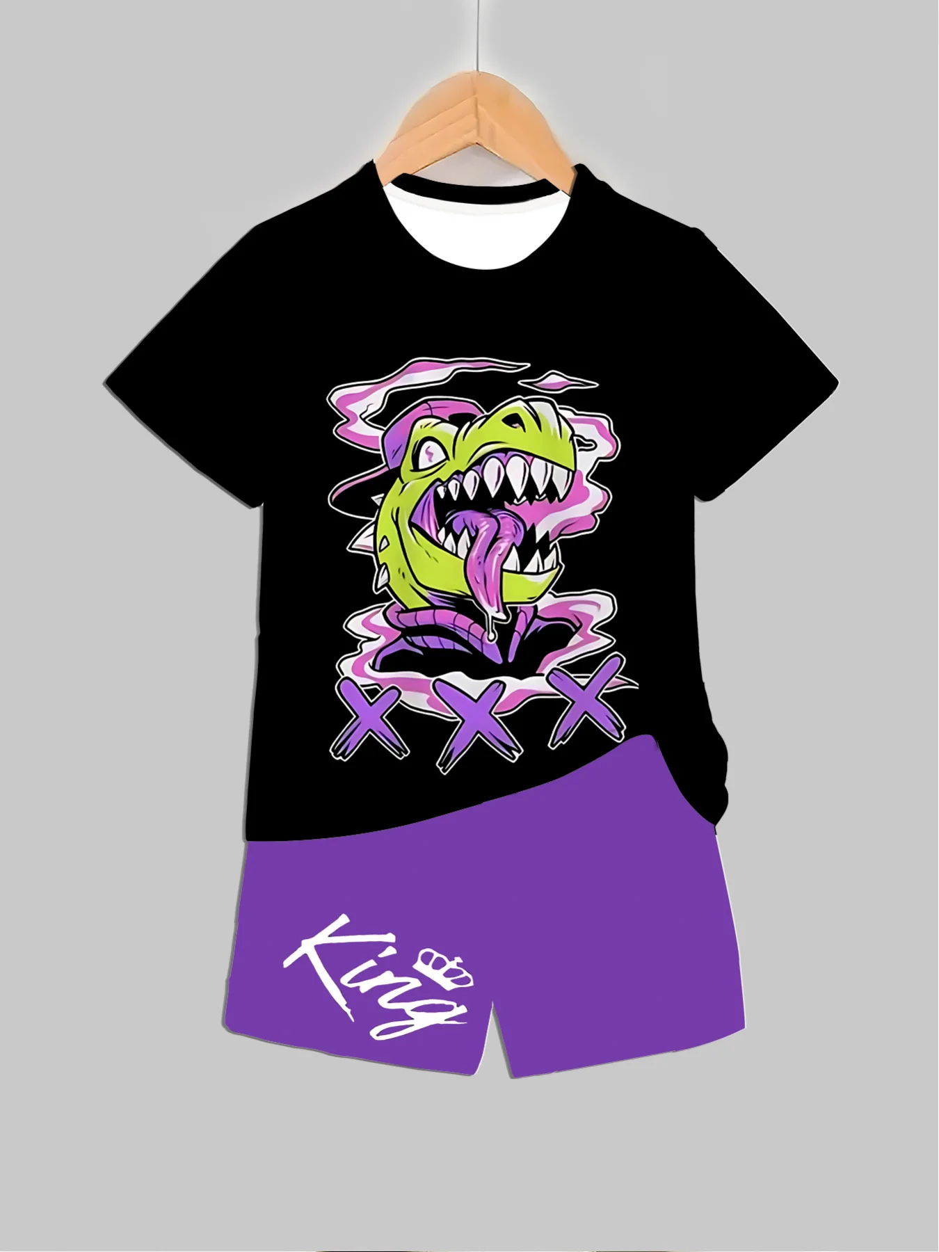 Summer Clothing Girls - ชุดเสื้อผ้าพิมพ์ลายไดโนเสาร์ใหม่ เสื้อ+กางเกงขาสั้น 2 ชิ้น สำหรับฤดูร้อน ชุดเสื้อผ้าเด็กชายหญิง