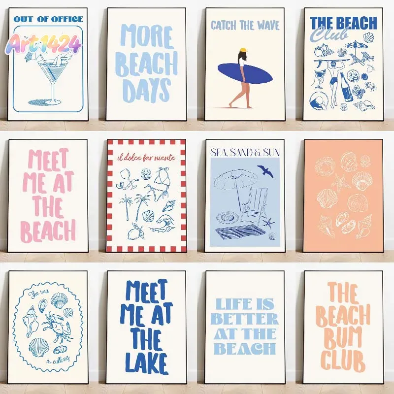 Summer Quotes - เปลือกหอยพบฉันที่ชายหาด โปสเตอร์ฤดูร้อน ทะเล บิกินี่ คำพูดเกี่ยวกับชายฝั่ง ภาพวาดบนผ้าใบ