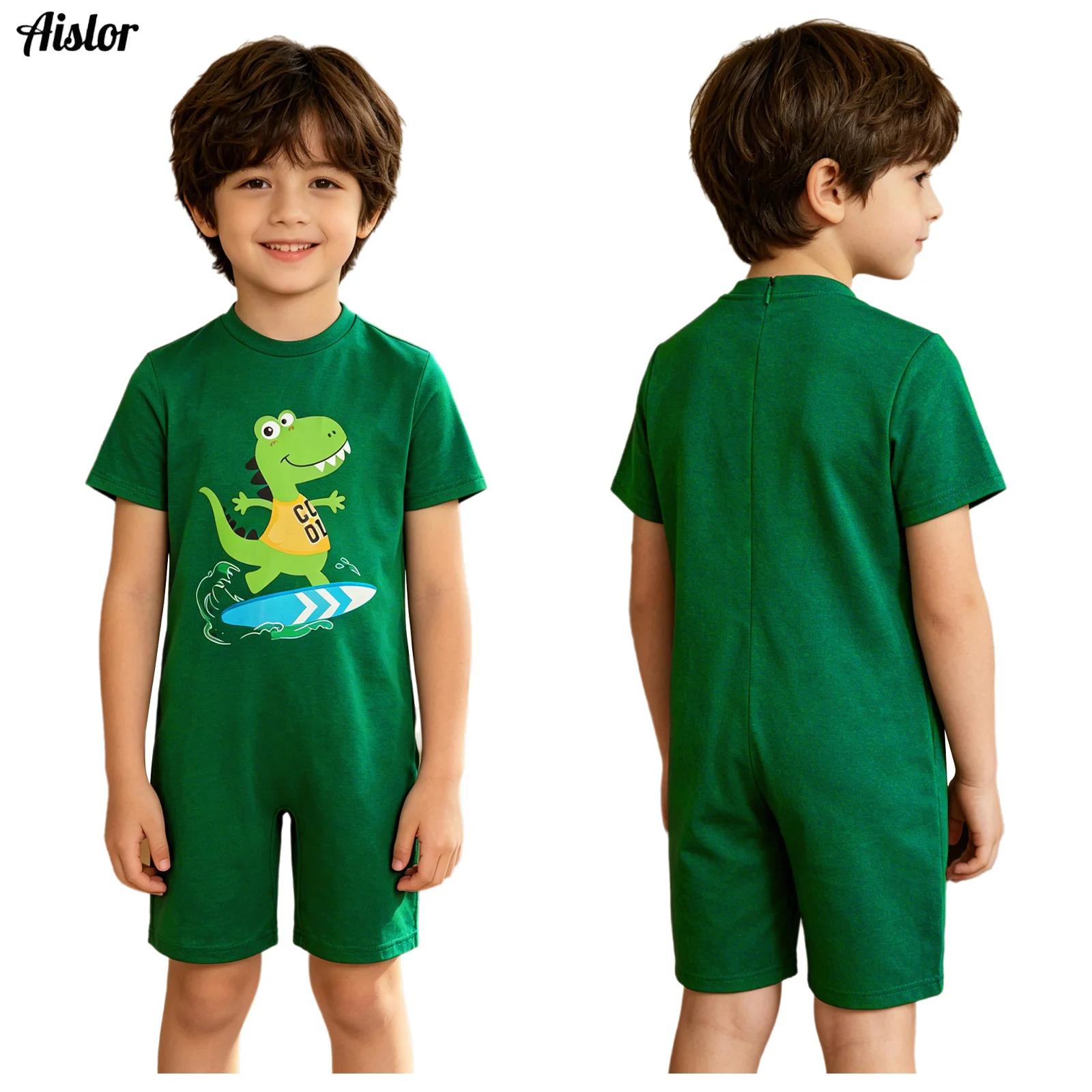 Summer Clothing Needs - เสื้อผ้าสำหรับเด็กที่มีความต้องการพิเศษ ชุดจั๊มสูทเด็กแขนสั้นพิมพ์ลายไดโนเสาร์ ชุดบอดี้สูทป้องกันการหลุดลอก ชุดอยู่บ้าน ชุดใส่ประจำวัน