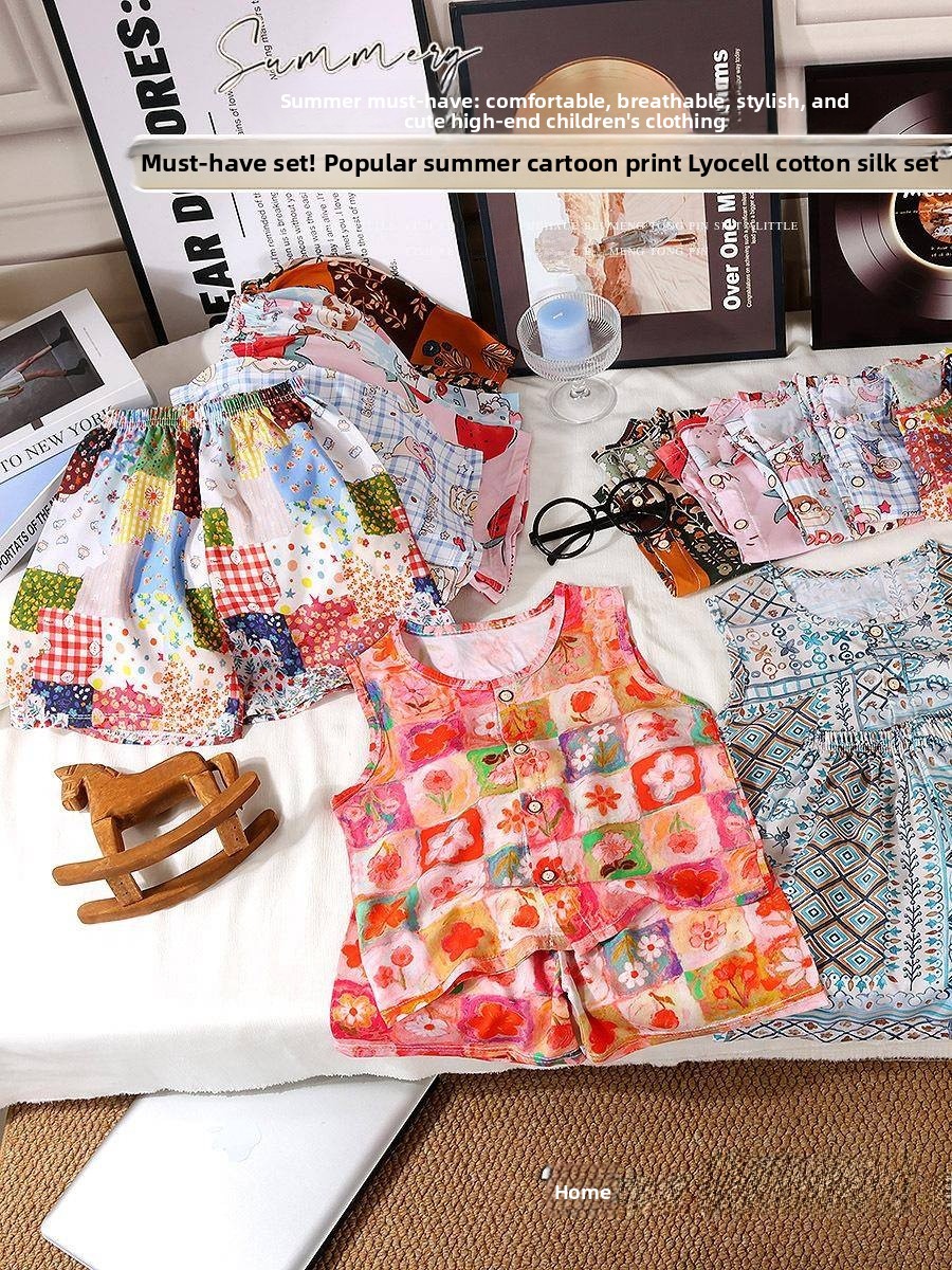 Summer Clothing Girls - ชุดเสื้อกั๊กผ้าฝ้ายผสมไหมสำหรับเด็กผู้หญิง ชุดลำลองใส่สบาย ระบายอากาศได้ดี เสื้อแขนกุด กางเกงขาสั้น ชุดสองชิ้น