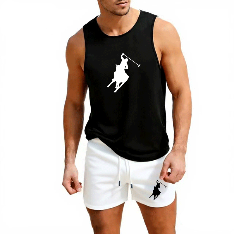 Summer Clothing - ชุดเสื้อกั๊กและกางเกงขาสั้นฤดูร้อนสำหรับผู้ชายสไตล์ยุโรป ชุด 2 ชิ้น ชุดออกกำลังกายกลางแจ้ง ชุดกีฬาแฟชั่นลำลอง