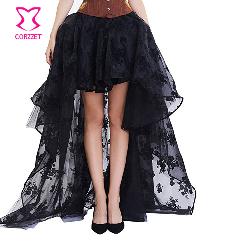 Summer Victorian Clothing - ดอกไม้สีดำชีฟองด้านหน้าสั้นกลับยาว Gothic Victorian กระโปรง Steampunk เสื้อผ้ากระโปรงสตรี