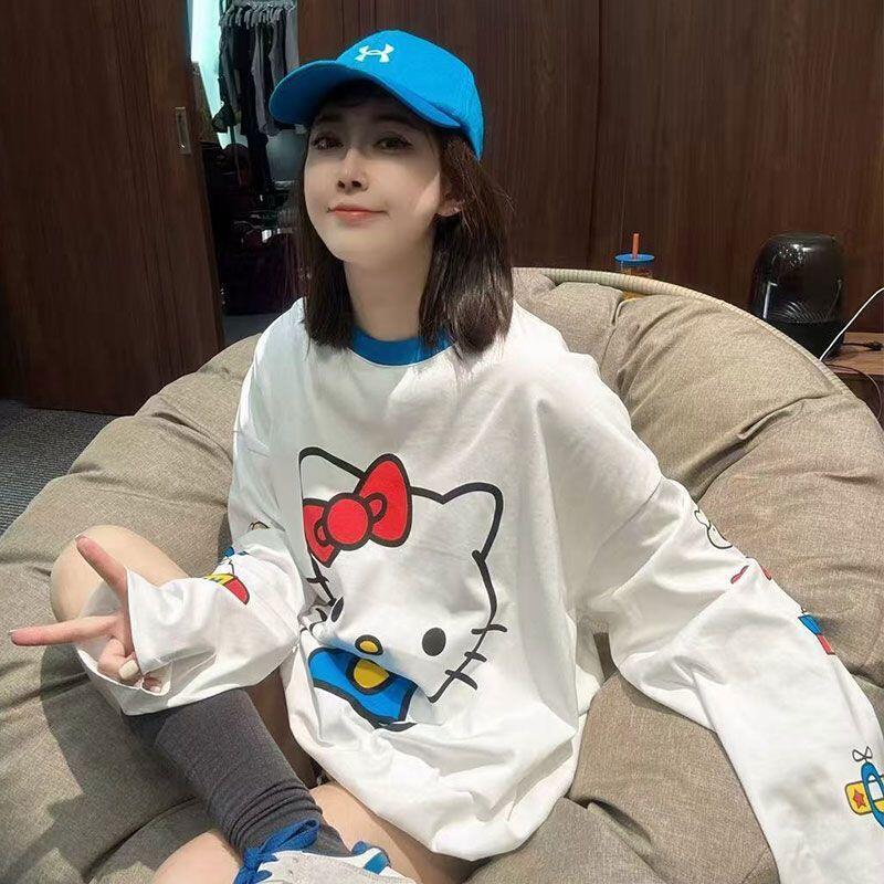 Summer Clothing - เสื้อยืดแขนยาวลายการ์ตูนเฮลโล คิตตี้ฤดูร้อนสไตล์ใหม่น่ารักสำหรับผู้หญิงเสื้อผ้าป้องกันแสงแดดแบบหลวมยอดนิยมเสื้อบางๆ