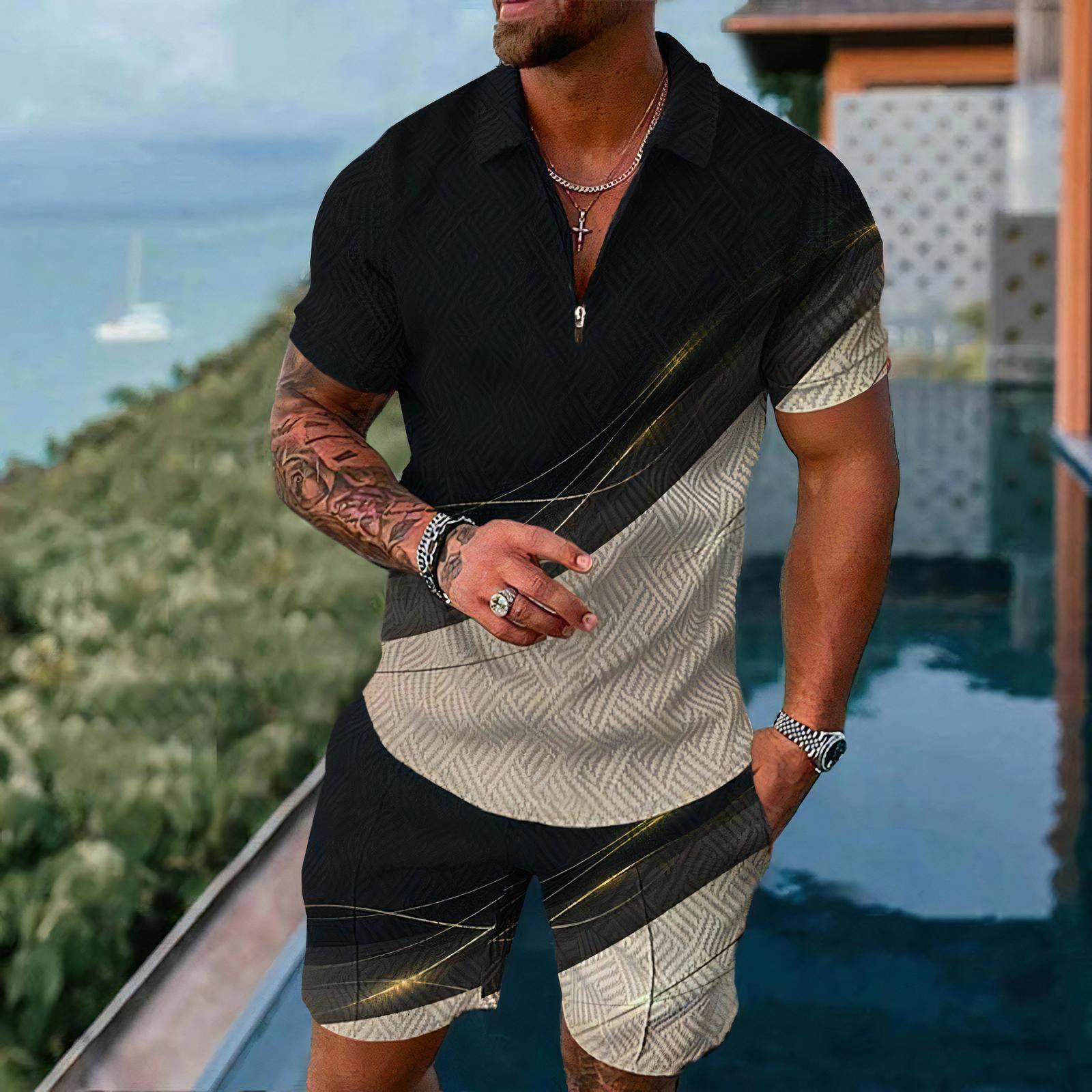 Summer Clothing Styles Men - เสื้อโปโลผู้ชายแขนสั้นชุดลำลองสไตล์เรียบง่ายสองชิ้นแฟชั่นซิปเสื้อกางเกงขาสั้นชุดฤดูร้อนเสื้อผ้าแนวสตรีท