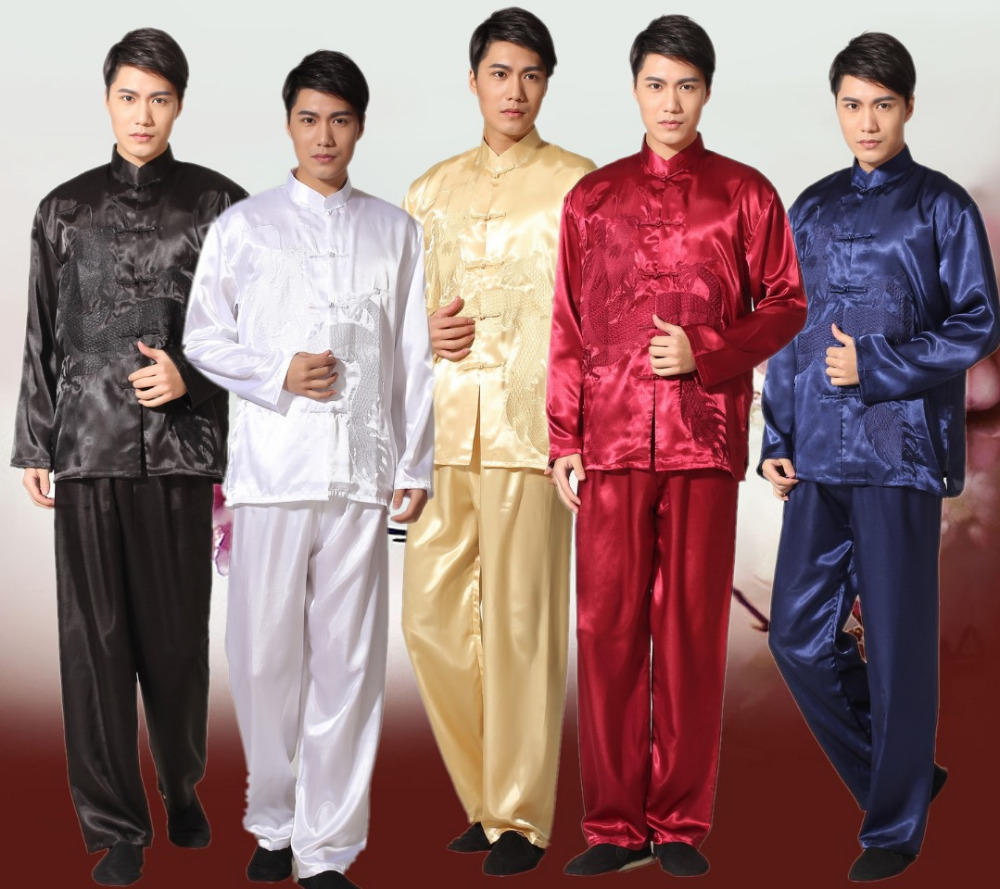 Xl Summer Clothing - สไตล์จีนผู้ชายสีดำซาติน Kung Fu ชุดเย็บปักถักร้อย Vintage Dragon