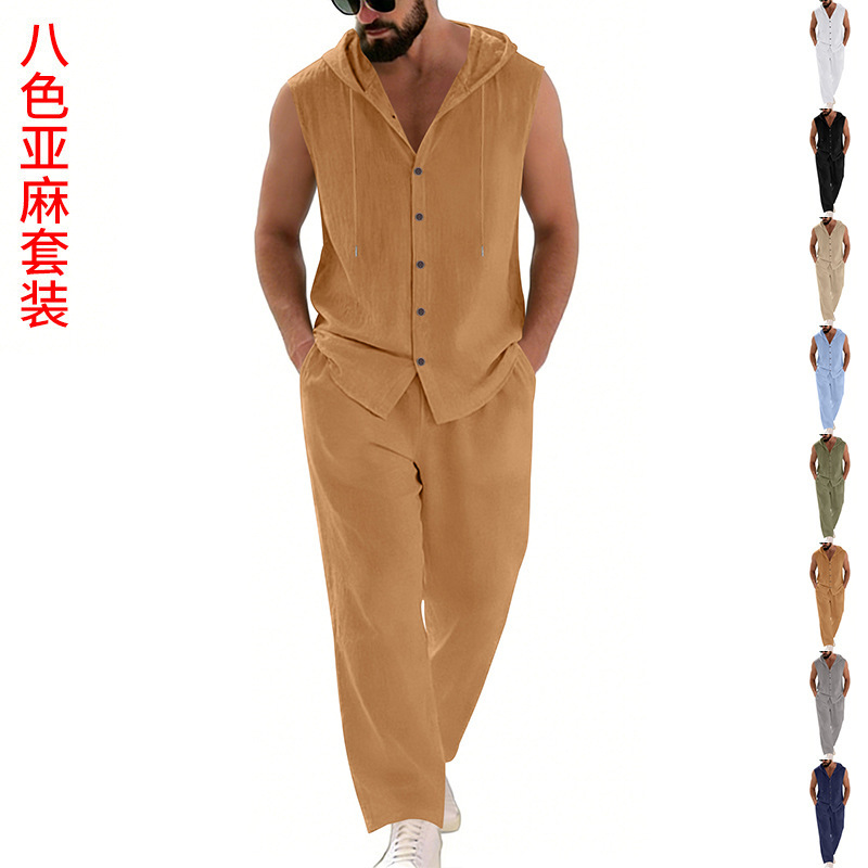 Summer Clothing - ชุดลำลองผ้าลินินสำหรับผู้ชาย เสื้อฮู้ดและกางเกงขายาว สีพื้น ระบายอากาศได้ดี สวมใส่สบาย เสื้อผ้าผู้ชาย