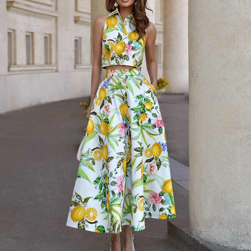 Summer Clothing Girls - ชุดเซ็ตกระโปรงลายเลมอนแขนกุดสำหรับผู้หญิง + กระโปรงมีกระเป๋า 2 ชิ้น แฟชั่นฤดูร้อนใหม่