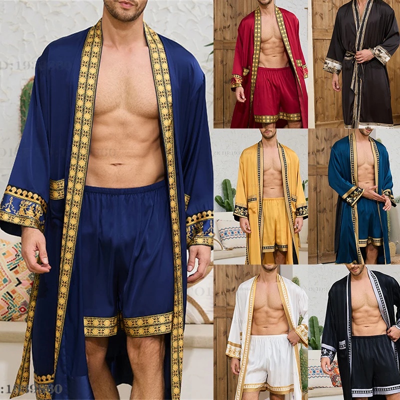 Summer Clothing Styles Men - ชุดนอนผู้ชายใหม่สำหรับฤดูใบไม้ผลิและฤดูร้อน 2 ชิ้น เสื้อคลุมและกางเกงขาสั้น สไตล์บาโรก ผ้าไหมซาติน
