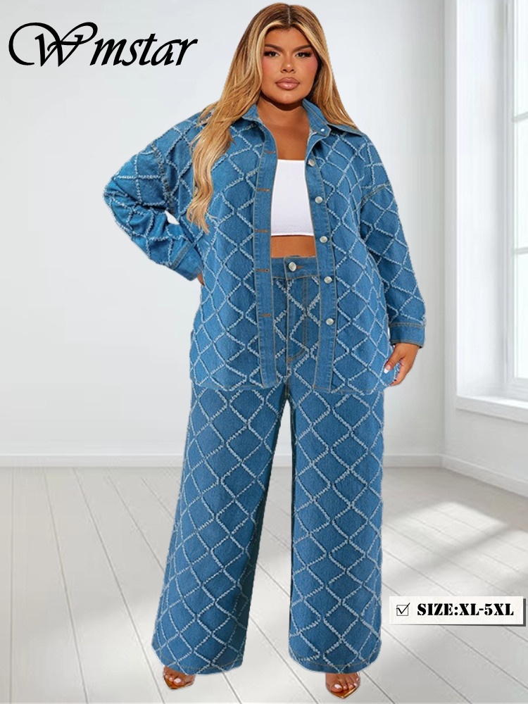 Summer Clothing Wholesale - Wmstar PLUS ขนาด DENIM 2 ชิ้นชุดผู้หญิงฤดูใบไม้ร่วงเสื้อผ้าพิมพ์เสื้อแขนยาวกางเกงใหม่การจับคู่ชุดขายส่ง
